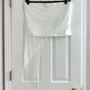 VTG Camille La Vie White Tube Top Asymmetrical‎ Crotchet Fringe USA Made Wms XL